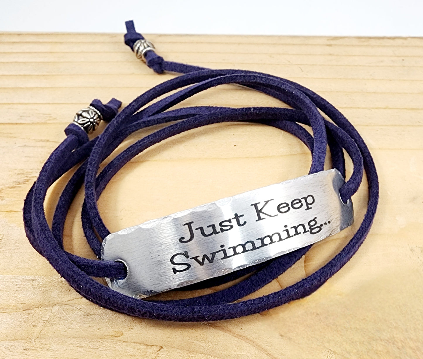 PERSONALIZED BRACELET WRAP - Just Keep Swimming, Hand Stamped, Bracelet Wrap, Encouragement gift, with suede cord
