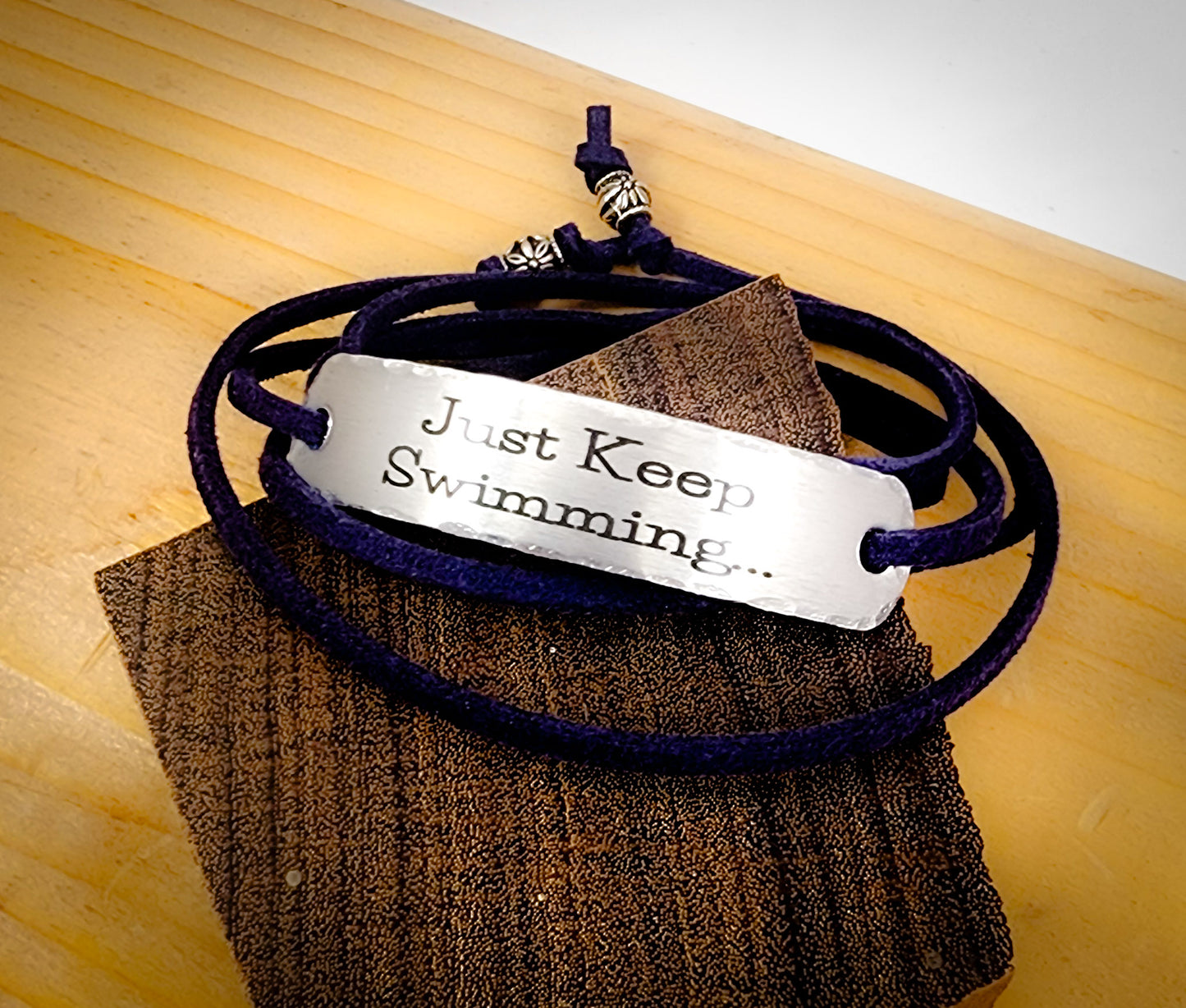 PERSONALIZED BRACELET WRAP - Just Keep Swimming, Hand Stamped, Bracelet Wrap, Encouragement gift, with suede cord