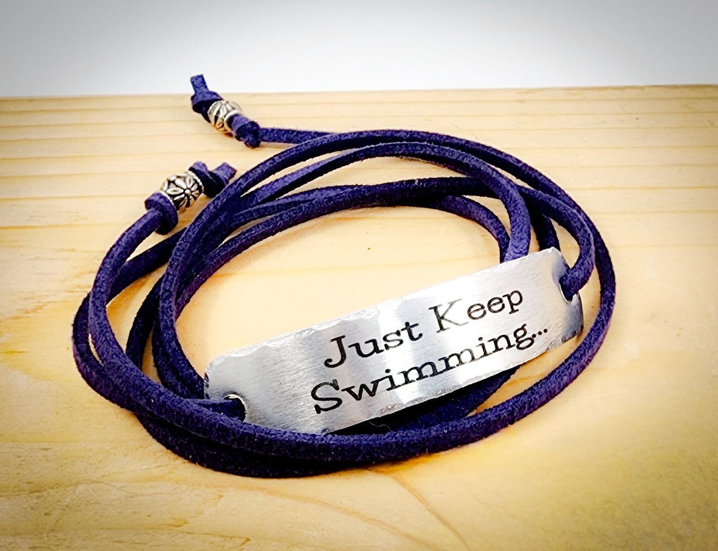PERSONALIZED BRACELET WRAP - Just Keep Swimming, Hand Stamped, Bracelet Wrap, Encouragement gift, with suede cord