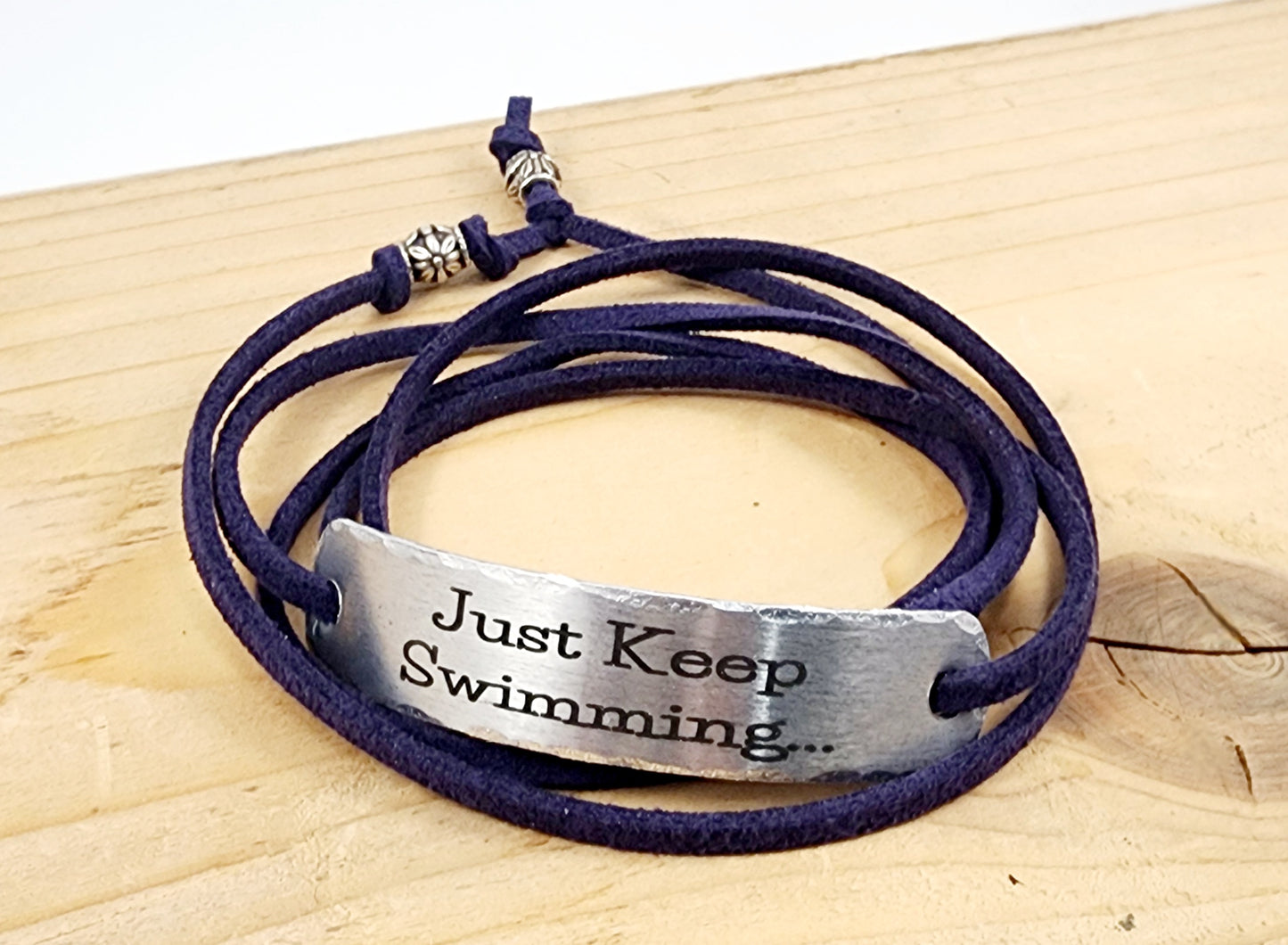 PERSONALIZED BRACELET WRAP - Just Keep Swimming, Hand Stamped, Bracelet Wrap, Encouragement gift, with suede cord