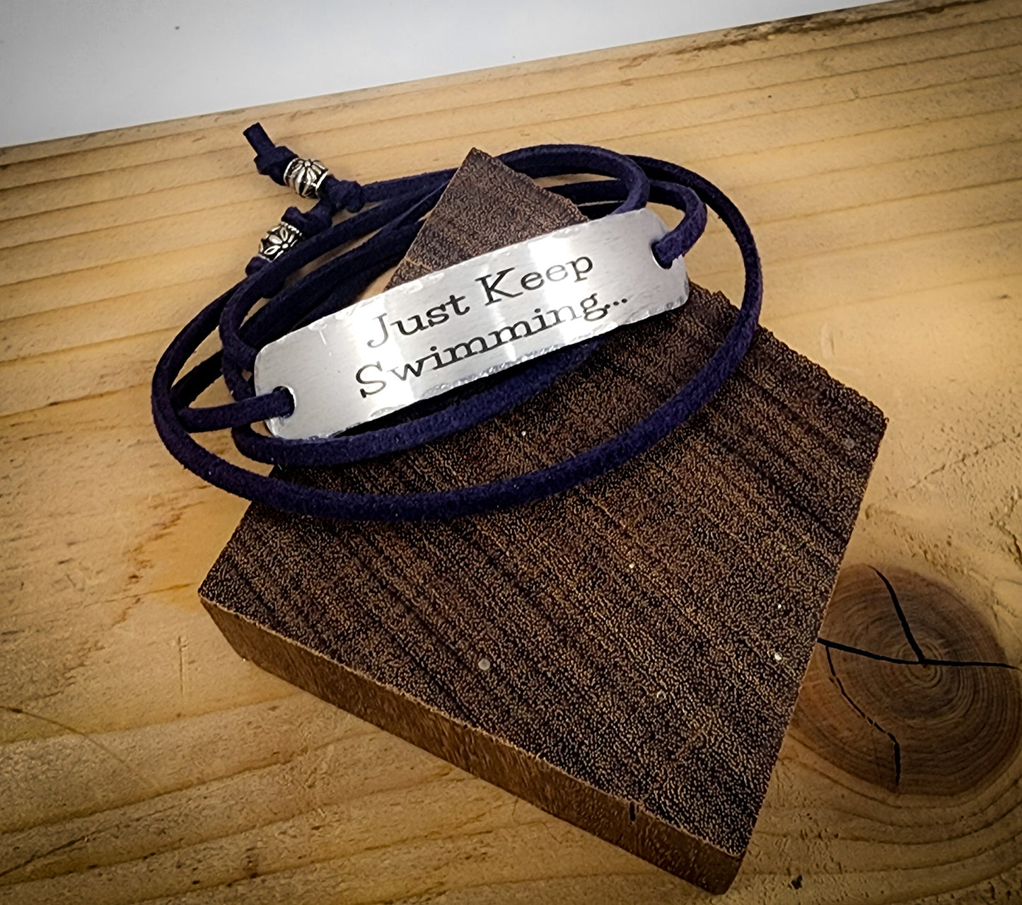PERSONALIZED BRACELET WRAP - Just Keep Swimming, Hand Stamped, Bracelet Wrap, Encouragement gift, with suede cord