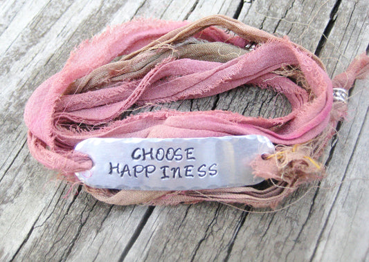 PERSONALIZED BRACELET WRAP -  Choose Happiness, hand stamped, Encouragement Gift, with Silk Ribbon, Yoga Wrap, Affirmation Jewelry