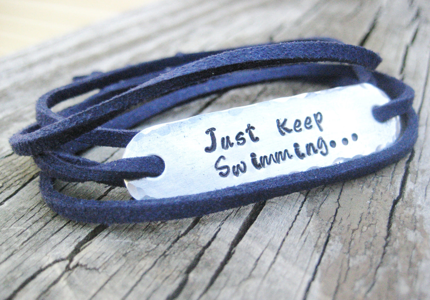 PERSONALIZED BRACELET WRAP - Just Keep Swimming, Hand Stamped, Bracelet Wrap, Encouragement gift,  with suede cord