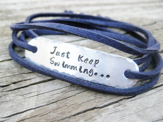 PERSONALIZED BRACELET WRAP - Just Keep Swimming, Hand Stamped, Bracelet Wrap, Encouragement gift,  with suede cord