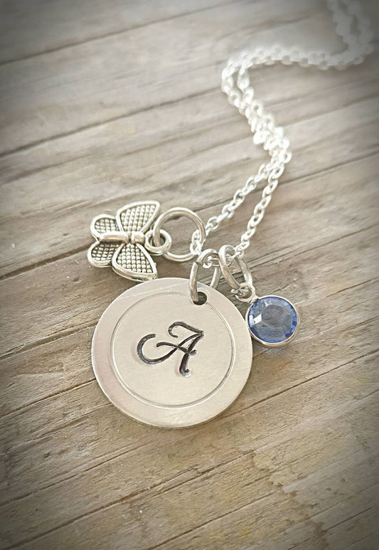 Initial Charm Necklace, Birthstone Necklace, Easter Gift, Birthday Necklace, Birthstone Jewelry, Butterfly Necklace, Grad Gift