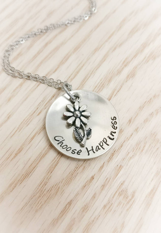 Inspirational Necklace, Inspirational Words Necklace, Motivational Necklace, Choose Happiness, Flower Necklace, Gift for Her