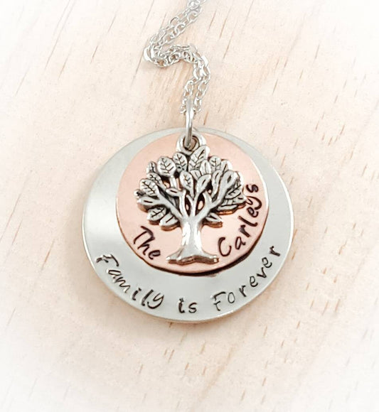 MOM FAMILY NECKLACE - Name jewelry, Family is Forever, Hand Stamped, Tree Jewelry, Mom Famly Tree Necklace, Mother's Day Gift, Gift for Mom