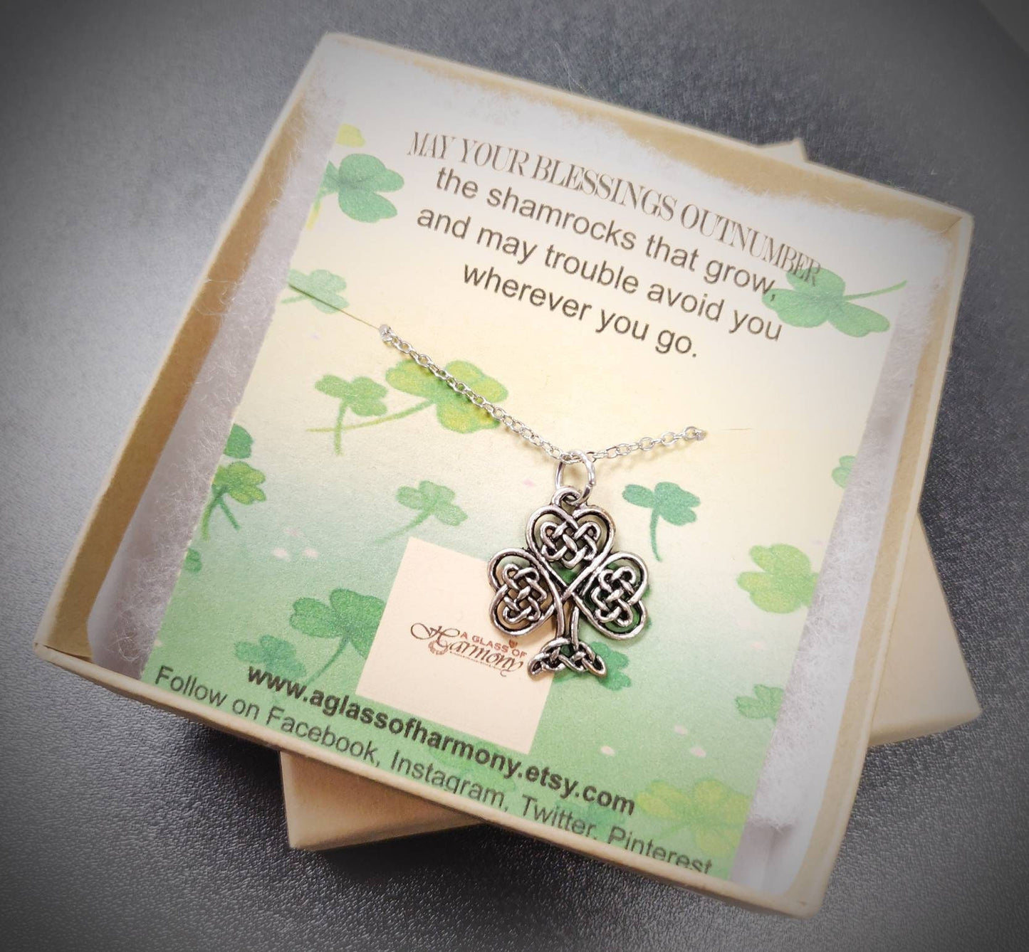 St. Patrick's Day Jewelry, St. Patrick's Day Necklace, Celtic Knot Necklace, Gift Box Jewelry, Clover Jewelry, Irish Blessing Necklace