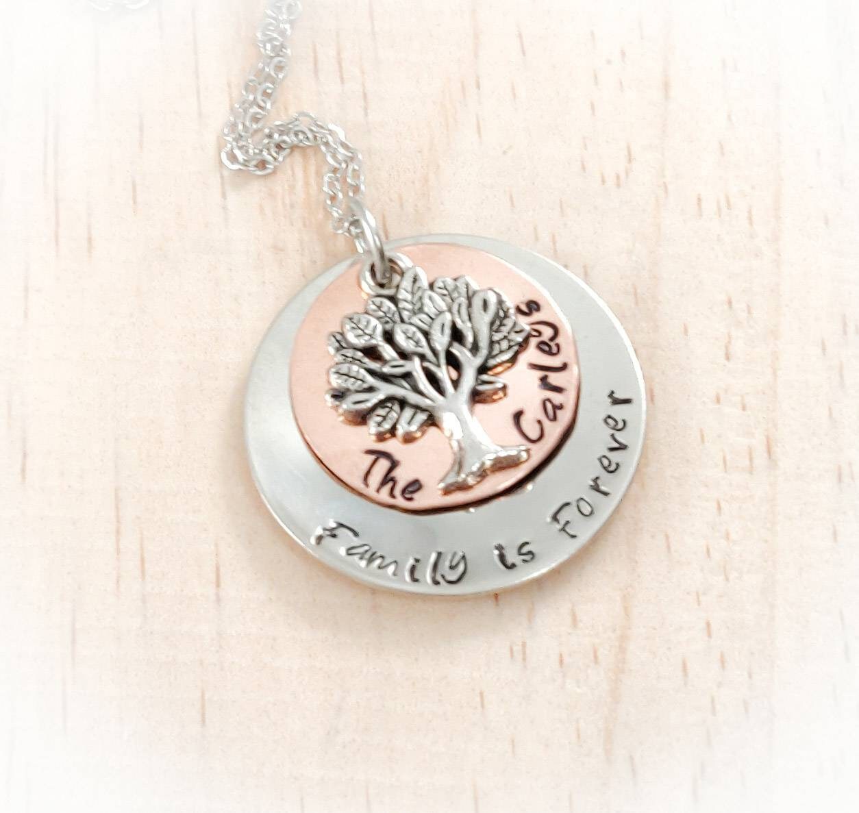 MOM FAMILY NECKLACE - Name jewelry, Family is Forever, Hand Stamped, Tree Jewelry, Mom Famly Tree Necklace, Mother's Day Gift, Gift for Mom