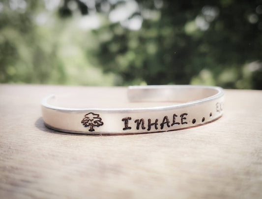 Inhale Exhale Cuff Bracelet, Tree Bracelet, Tree Jewelry, Bracelet with Inspirational Words, Inspirational Jewelry, Mantra Bracelet