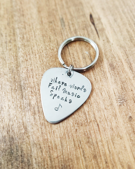 MUSIC KEYCHAIN - Music Gift, Hand Stamped Keychain, musician gift, music lover, Where words fail music speaks, Guitar Pic Keychain