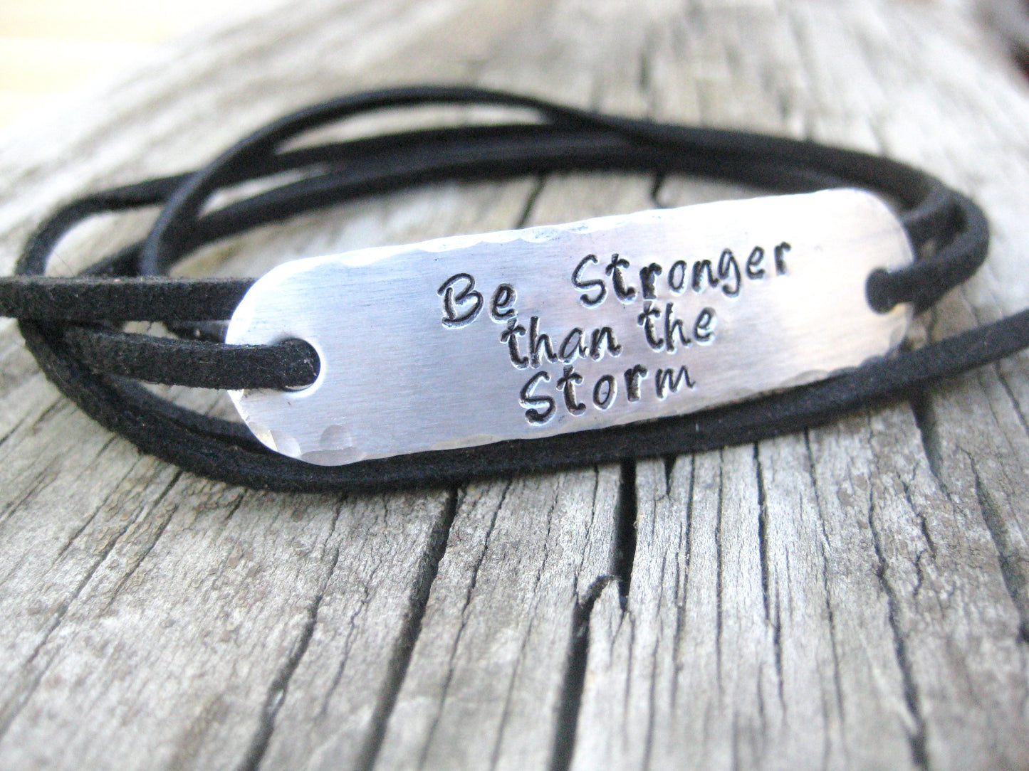 PERSONALIZED BRACELET WRAP - Be Stronger Than the Storm, Hand Stamped, Bracelet Wrap, Encouragement gift,  with suede cord