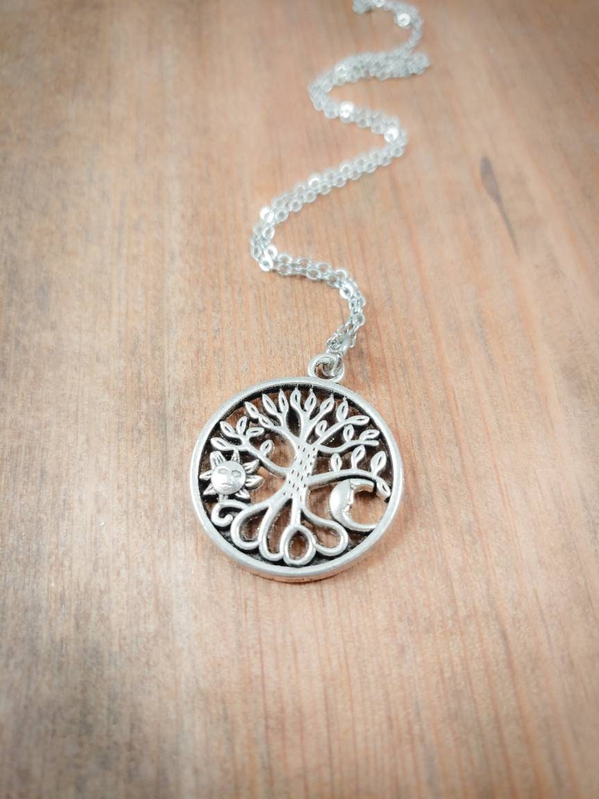 Sun and Moon Necklace, Tree Necklace, Seasons Necklace, Celestial Necklace, Necklace with Moon and Stars, Celestial Jewelry, Tree Jewelry