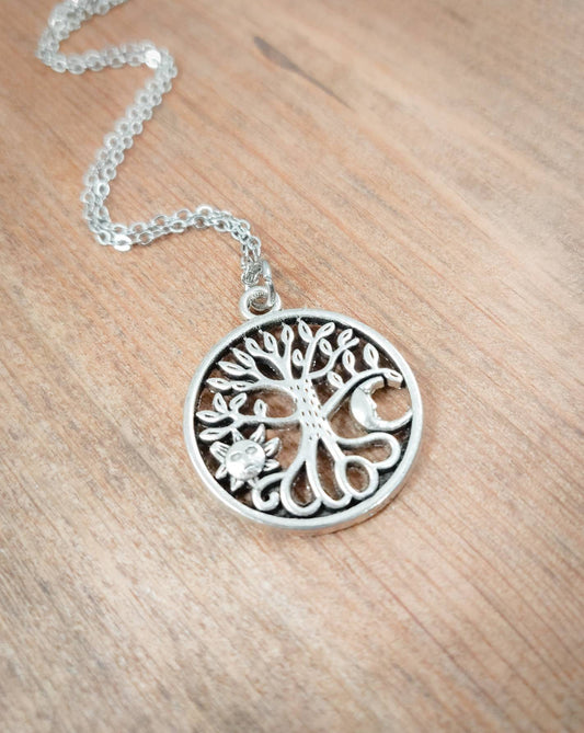 Sun and Moon Necklace, Tree Necklace, Seasons Necklace, Celestial Necklace, Necklace with Moon and Stars, Celestial Jewelry, Tree Jewelry