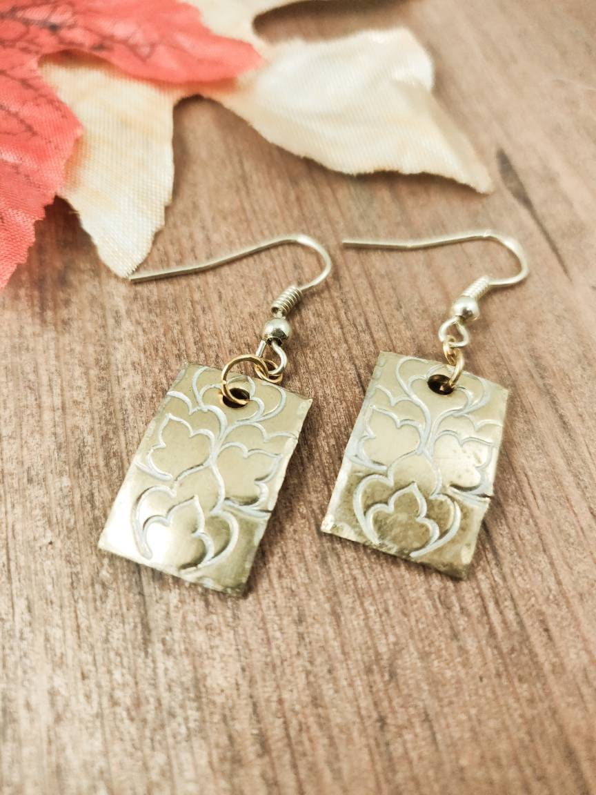 Gold Dangle Earrings, Handmade Gold Earrings, Gold Handmade Earrings, Statement Earrings, Hand Stamped Gold Earrings, Handmade Earrings