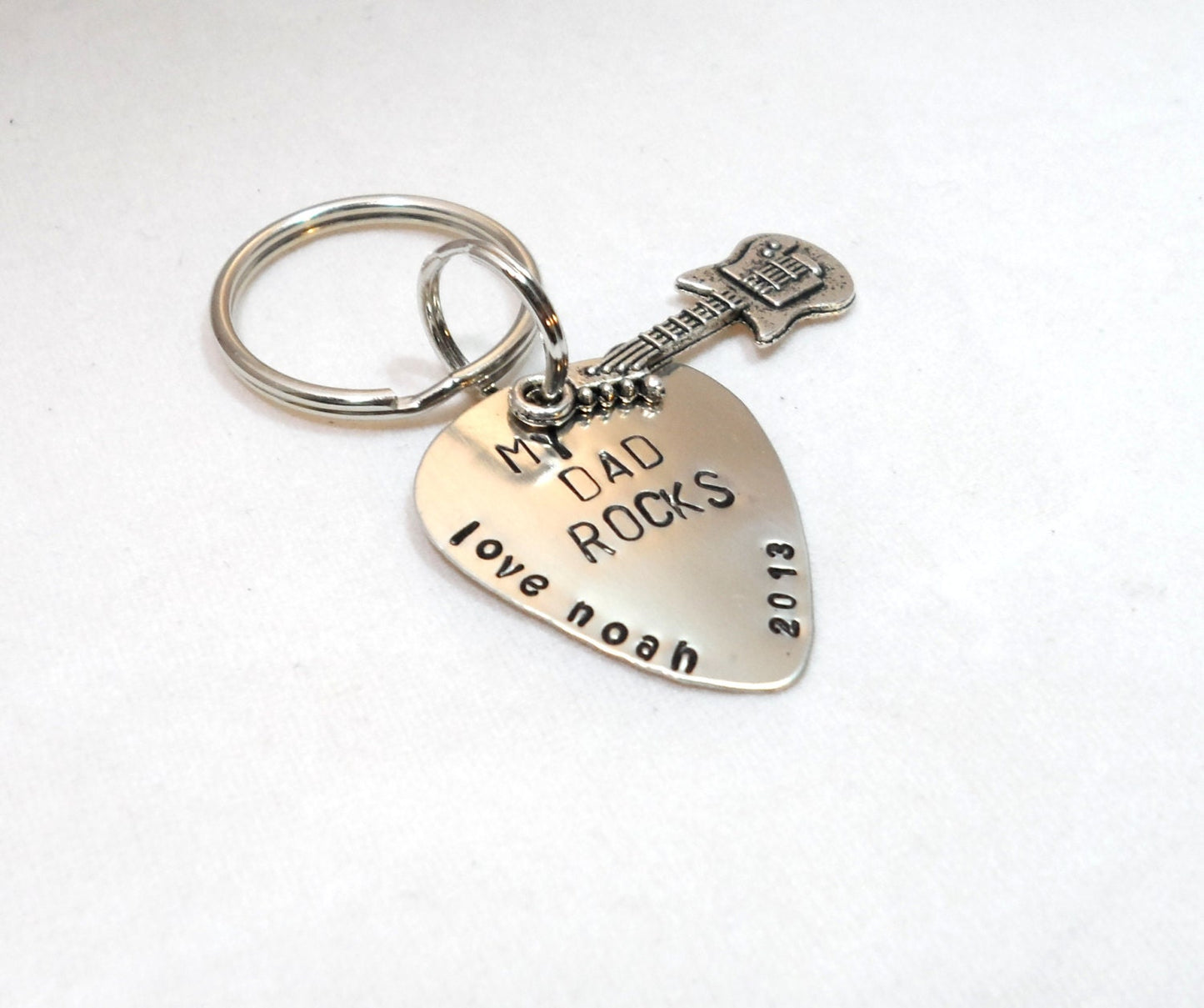Keychain for Dad, Hand Stamped Guitar Pick, "My Dad Rocks", With Guitar Charm, Gift for Dad