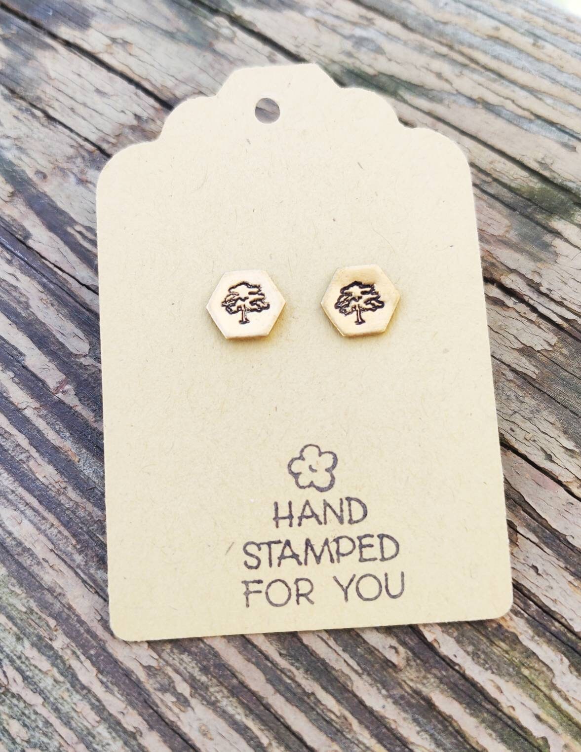 Gold Stud Earrings, Tree Earrings, Small Earrings, Dainty Earrings, Hand Stamped Earrings, Tree Earrings, Small Gold Earrings