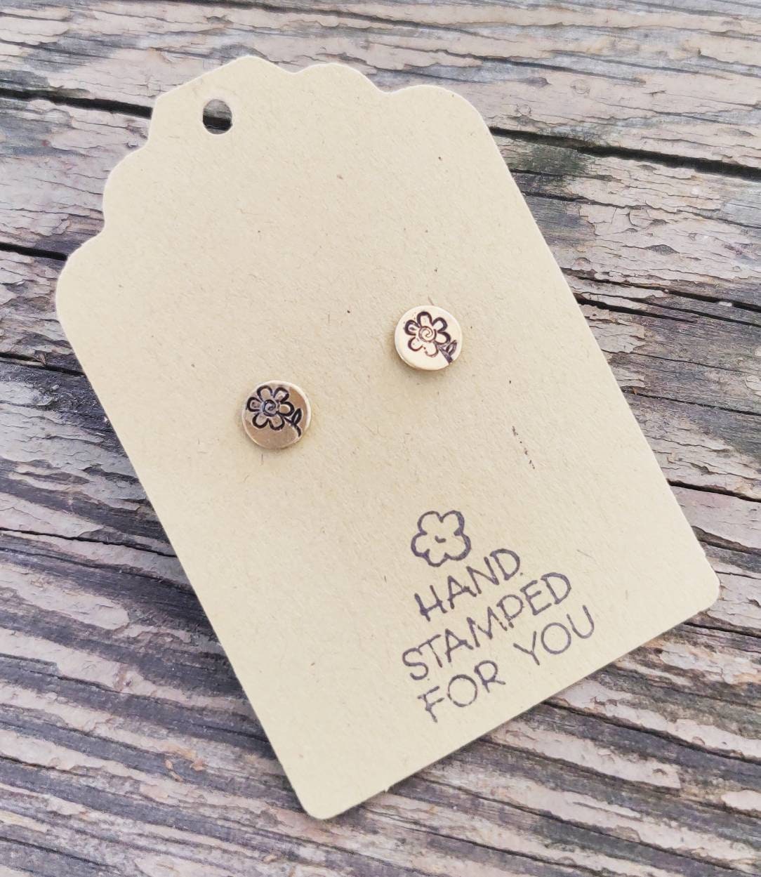Gold Stud Earrings, Flower Earrings, Small Earrings, Dainty Earrings, Hand Stamped Earrings, Flower Jewelry, Small Gold Earrings