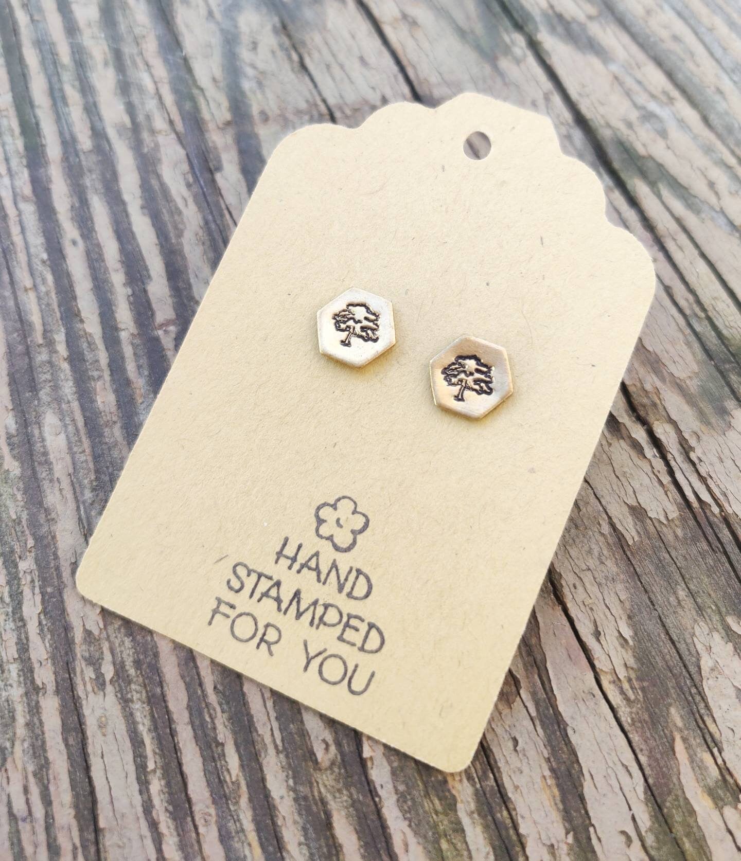 Gold Stud Earrings, Tree Earrings, Small Earrings, Dainty Earrings, Hand Stamped Earrings, Tree Earrings, Small Gold Earrings