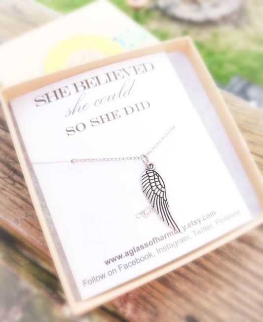 She Believed She Could So She Did - Graduation Necklace, Graduation Jewelry, Gift for grad, Wing Necklace, Graduation gift for her