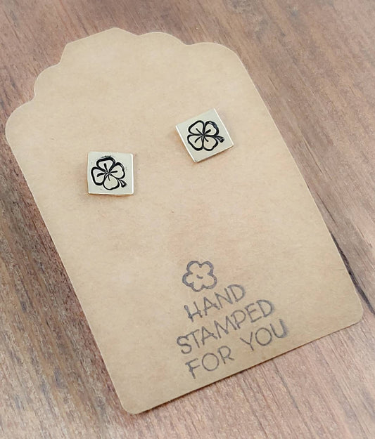 Gold Stud Earrings, Four Leaf Clover Earrings, Small Earrings, Dainty Earrings, Hand Stamped Earrings, Four Leaf Clover Jewelry