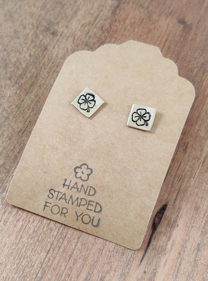 Gold Stud Earrings, Four Leaf Clover Earrings, Small Earrings, Dainty Earrings, Hand Stamped Earrings, Four Leaf Clover Jewelry