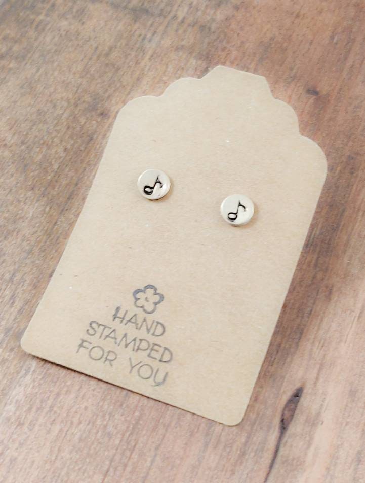 Gold Stud Earrings, Music Note Earrings, Small Earrings, Dainty Earrings, Hand Stamped Earrings, Music Note Jewelry, Small Gold Earrings