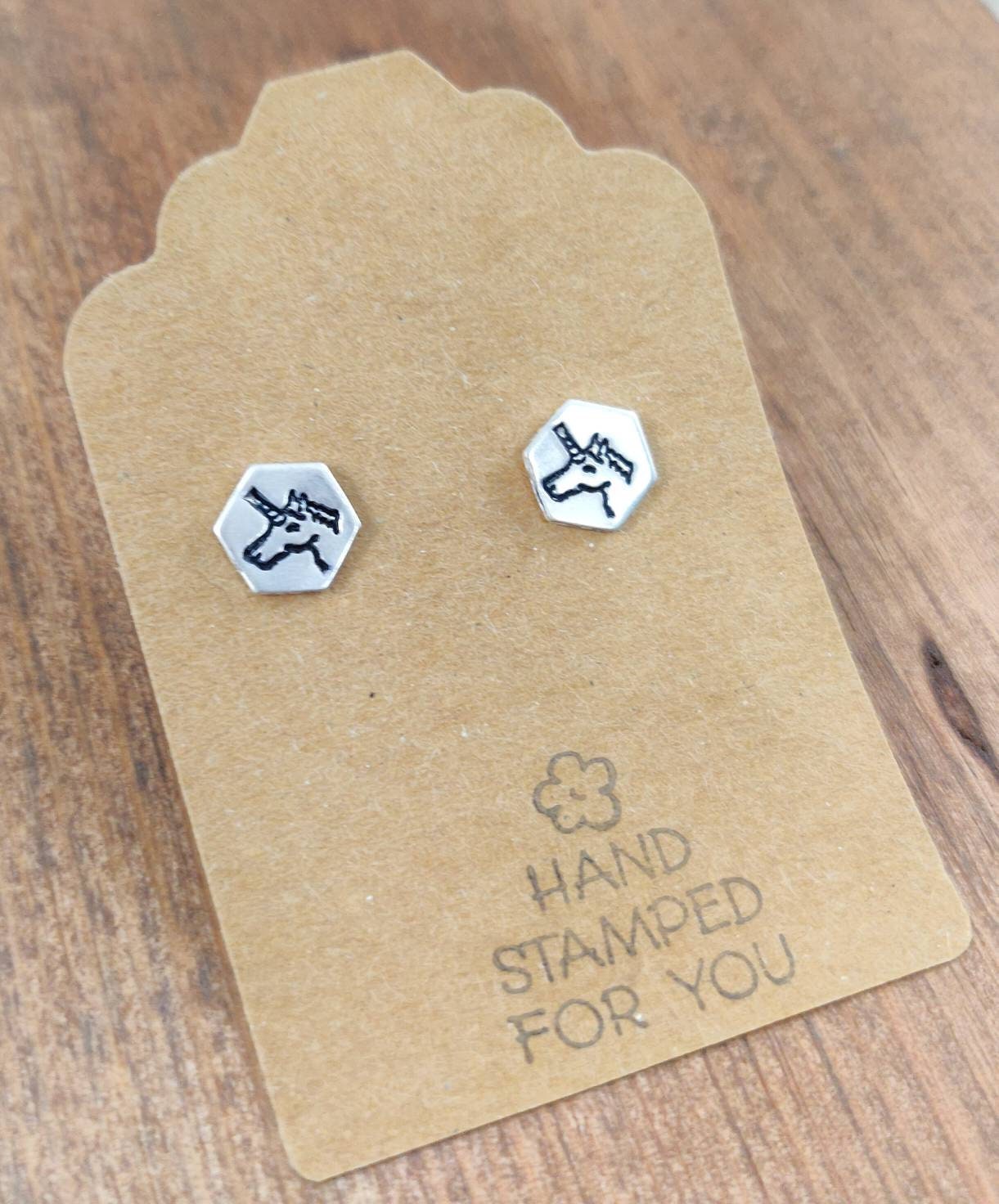 Silver Stud Earrings, Unicorn Earrings, Small Earrings, Dainty Earrings, Hand Stamped Earrings, Unicorn Jewelry, Small Silver Earrings