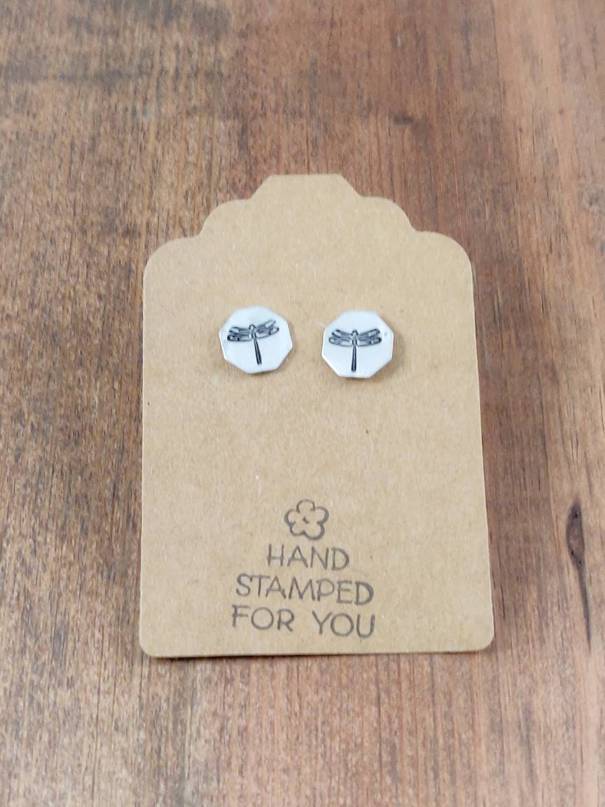 Silver Stud Earrings, Dragonfly Earrings, Small Earrings, Dainty Earrings, Hand Stamped Earrings, Minimalist Earrings, Small Silver Earrings