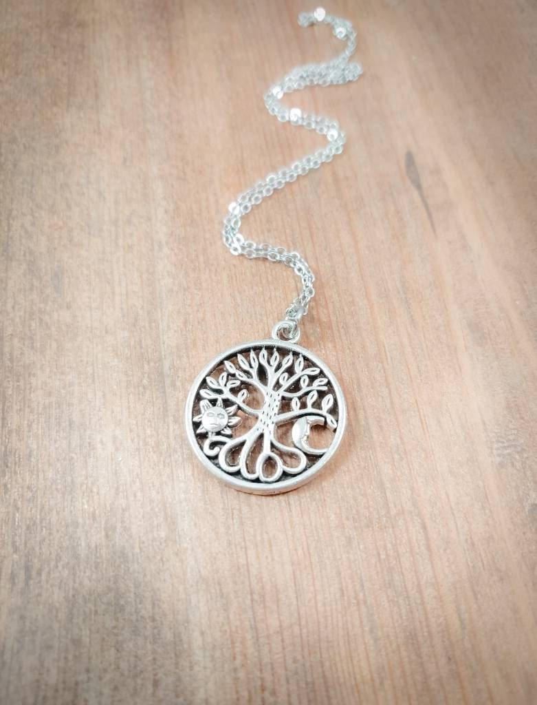 Sun and Moon Necklace, Tree Necklace, Seasons Necklace, Celestial Necklace, Necklace with Moon and Stars, Celestial Jewelry, Tree Jewelry