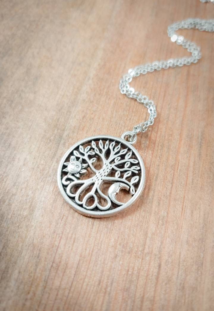 Sun and Moon Necklace, Tree Necklace, Seasons Necklace, Celestial Necklace, Necklace with Moon and Stars, Celestial Jewelry, Tree Jewelry
